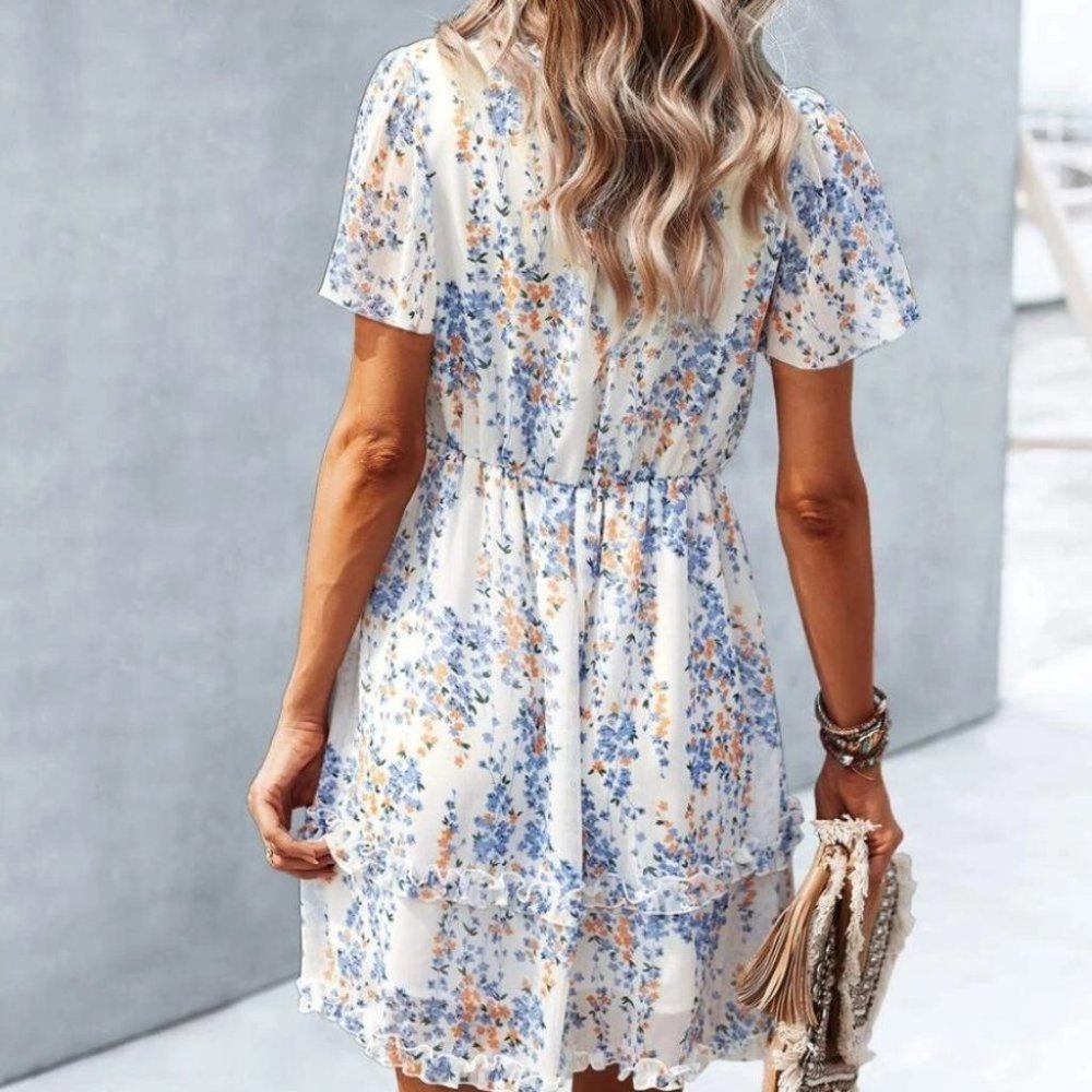 Boho Floral Print Frill Trim Dress cream Cottagecore - Picture 4 of 5